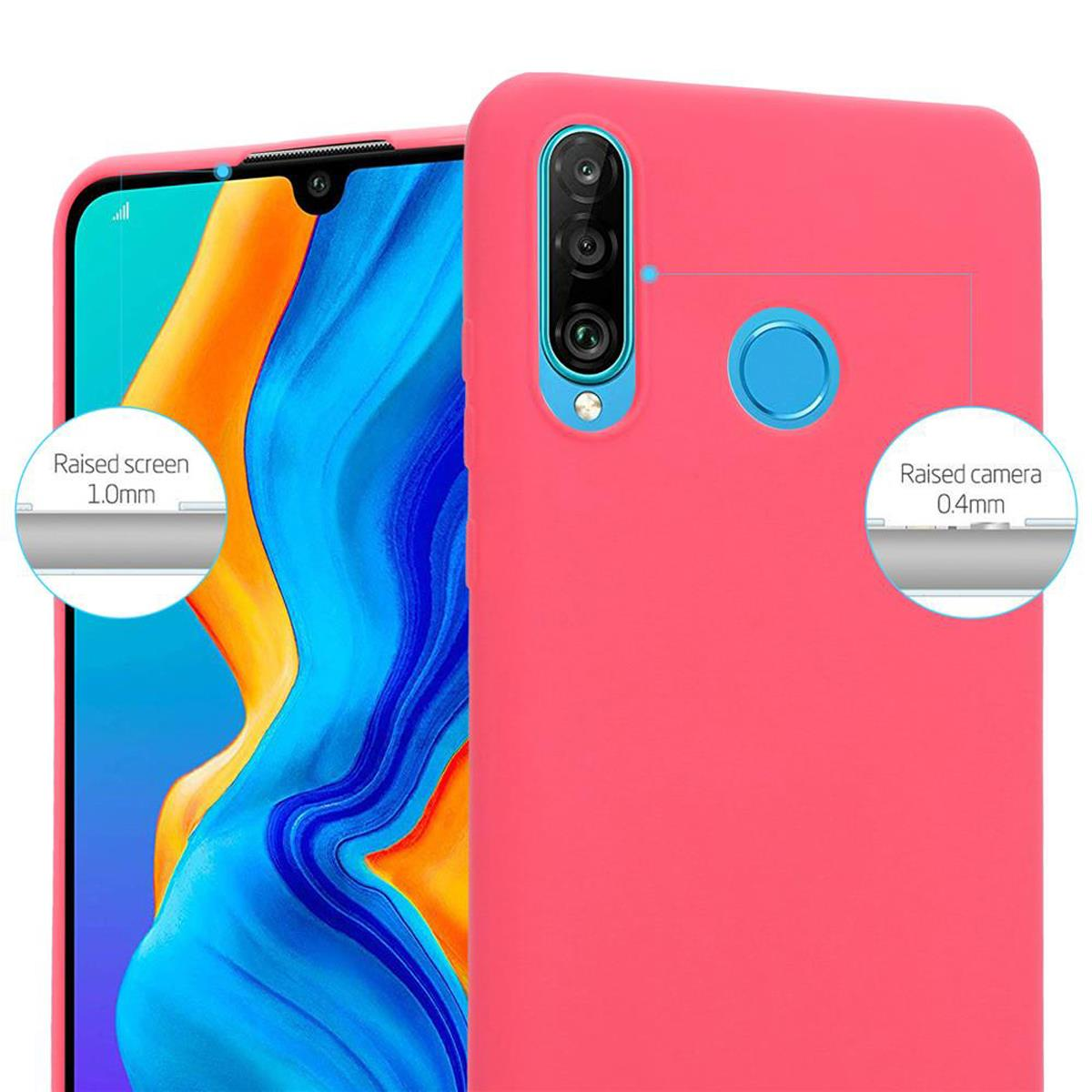 Custodia per telefono rosa. Telefono nella custodia. Vengono mostrati i bordi rialzati dello schermo e della fotocamera.