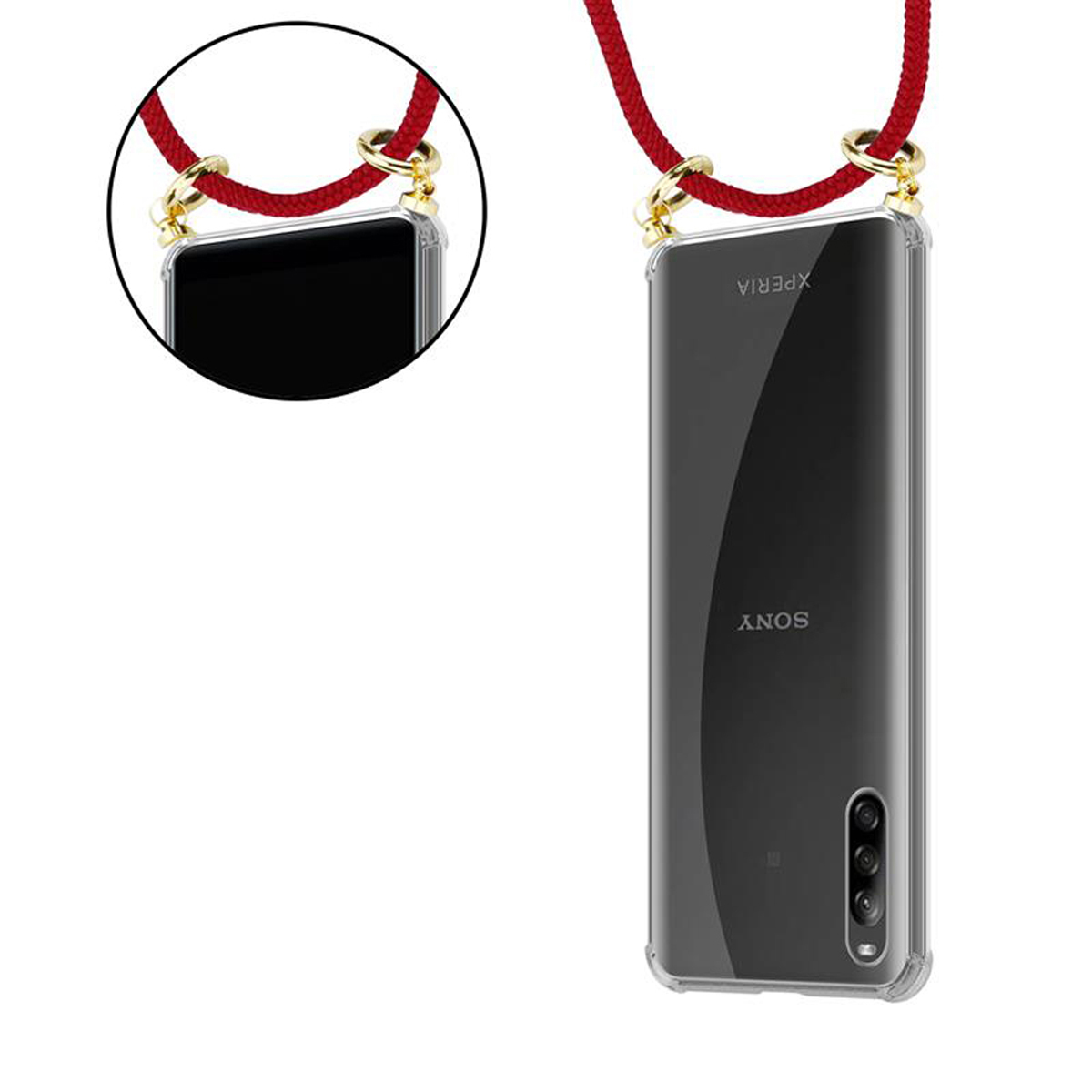 Una custodia per telefono con un cordino rosso. Il telefono è un Sony Xperia trasparente. Anelli dorati collegano custodia e cordino.