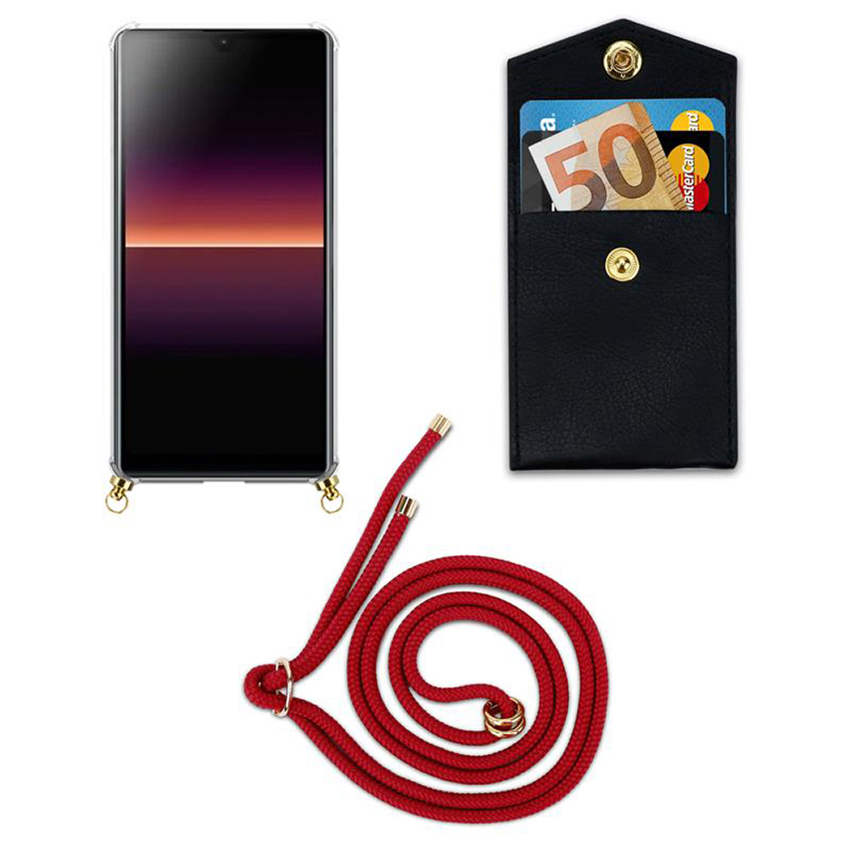 Custodia per telefono con cordino rosso, telefono e portafoglio nero su sfondo bianco.