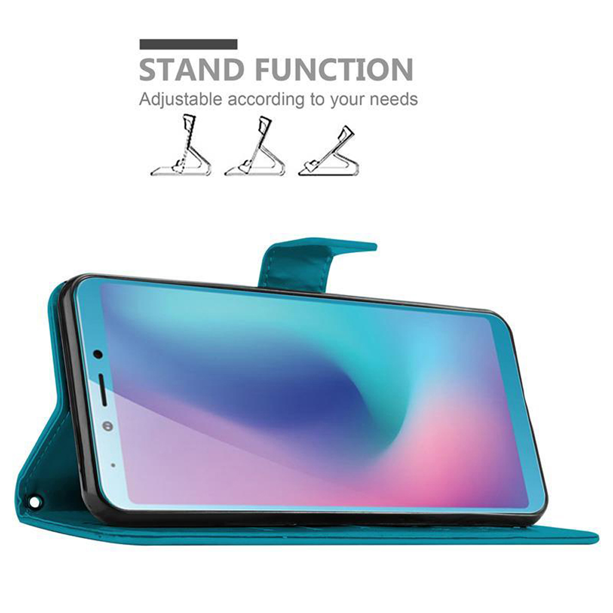 Custodia per telefono aperta, che sostiene lo schermo di un telefono. Testo sulla funzione stand e angoli regolabili.