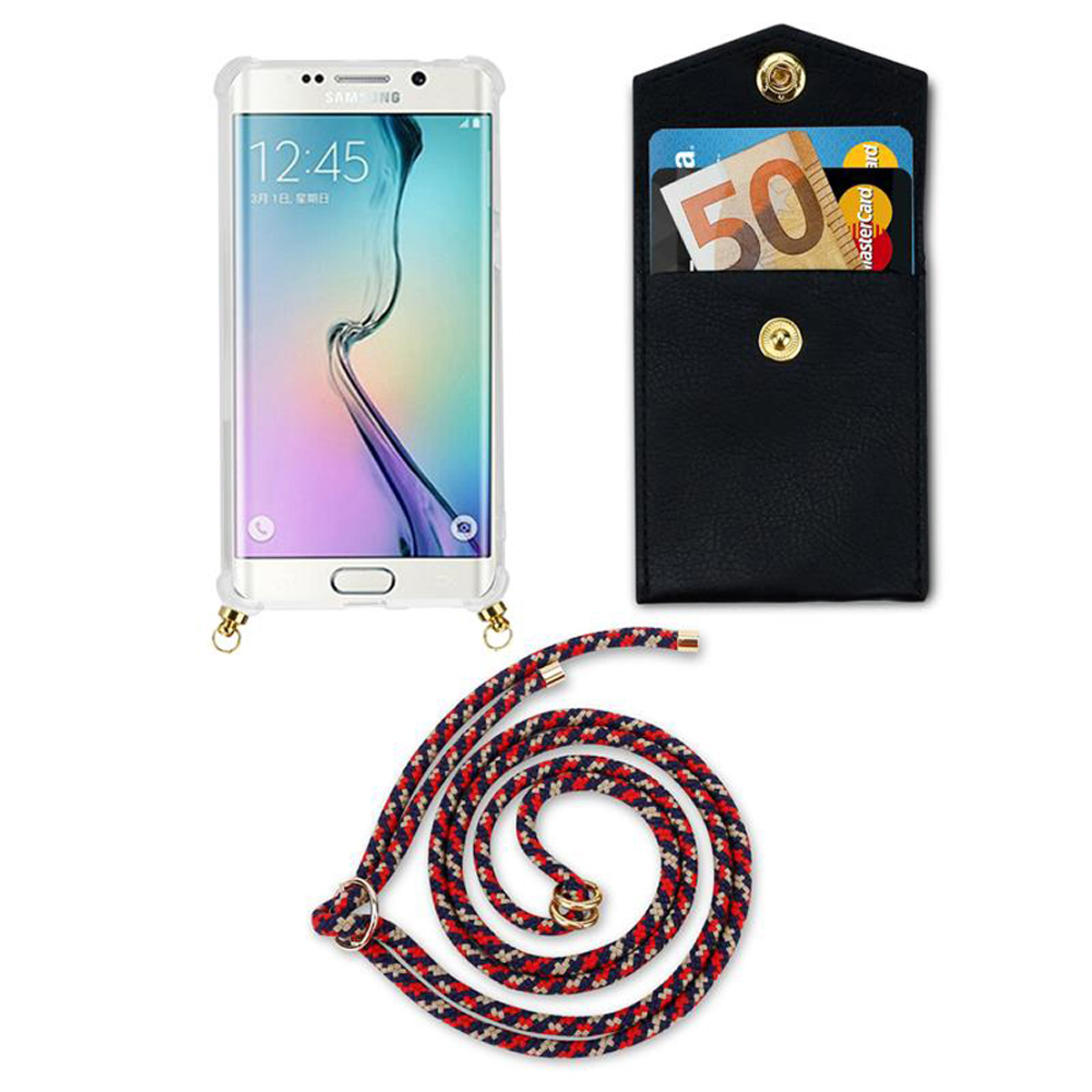 Telefono in custodia trasparente con cordino e portafoglio nero con carte e contanti.