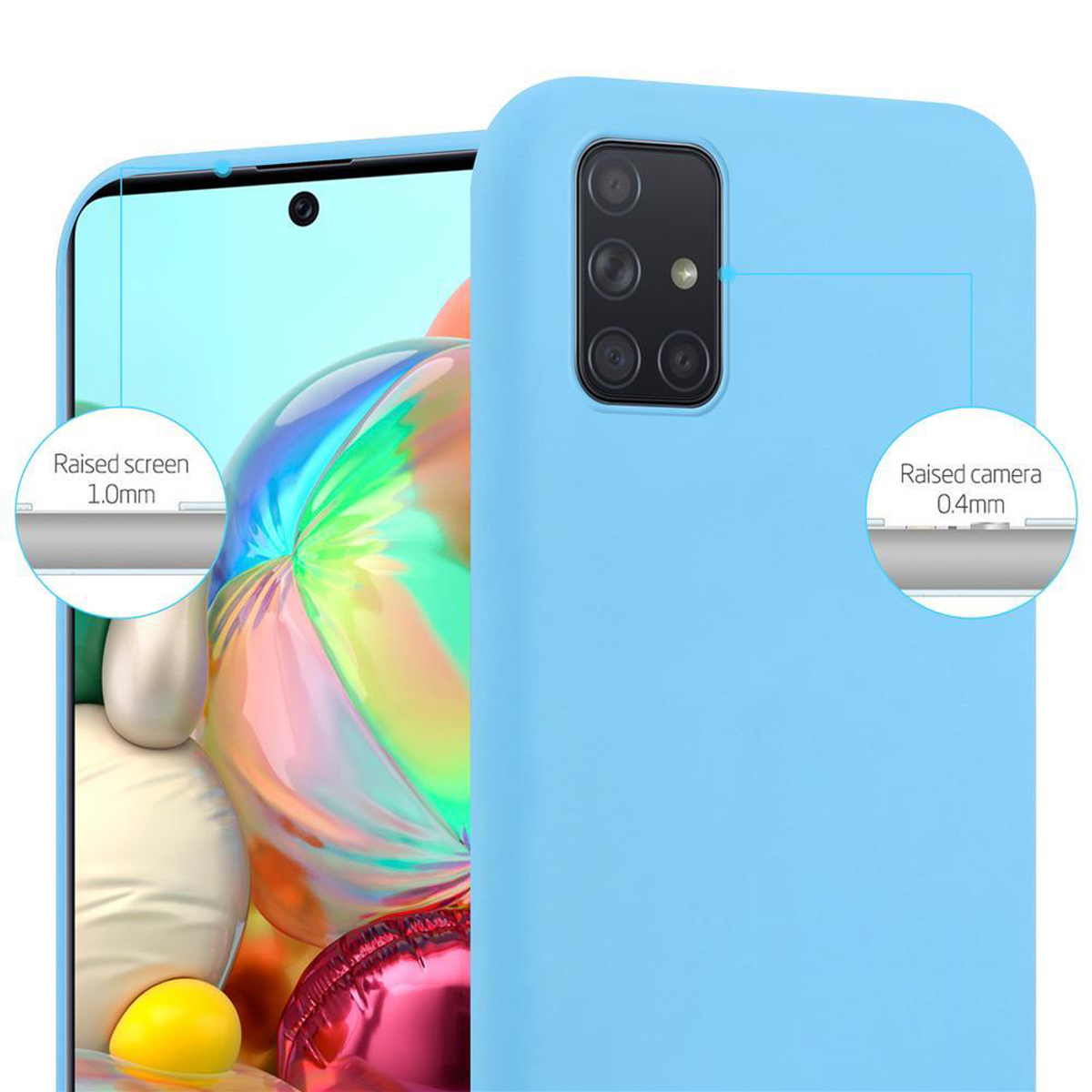 Custodia per telefono con schermo e fotocamera rialzati. Testo: Schermo rialzato, fotocamera rialzata.