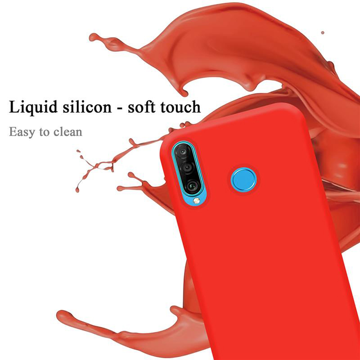 Custodia rossa per telefono con fotocamera e flash. Silicone liquido e testo soft touch in alto a sinistra.