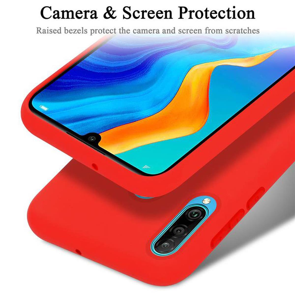 Custodia rossa per telefono, con un telefono all'interno. Lunette rialzate per la protezione della fotocamera e dello schermo.