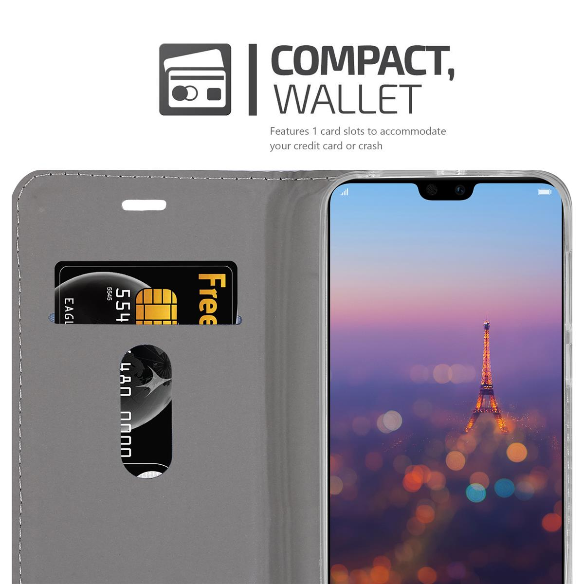 Custodia per telefono con slot per schede, scheda e telefono visibili. Testo: Portafoglio compatto. Immagine della Torre Eiffel sul telefono.