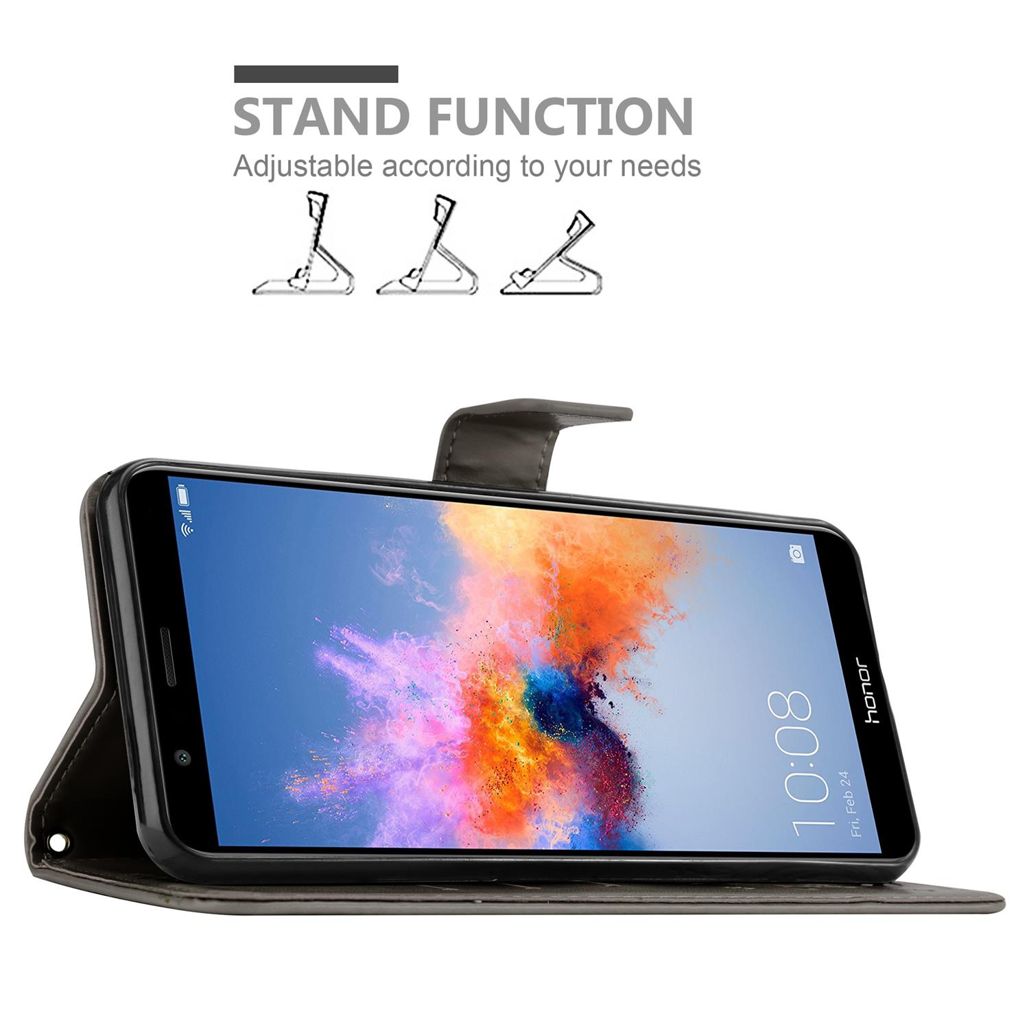 Custodia nera, telefono dentro, schermo visibile. Testo: Funzione supporto. Regolabile.