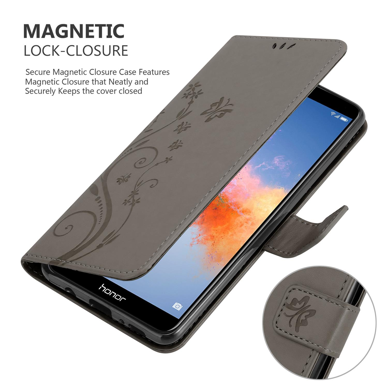 Una custodia per telefono è aperta, mostrando un telefono. La custodia è grigia e ha un design floreale. Il testo dice chiusura magnetica.