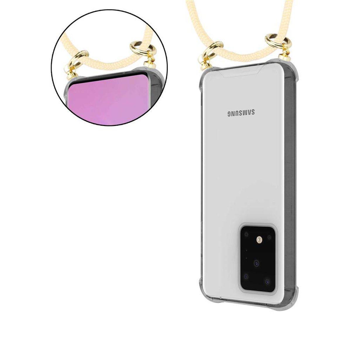 Custodia trasparente per telefono con cordino. Il telefono è bianco, la parte superiore del telefono e il cordino sono cerchiati.