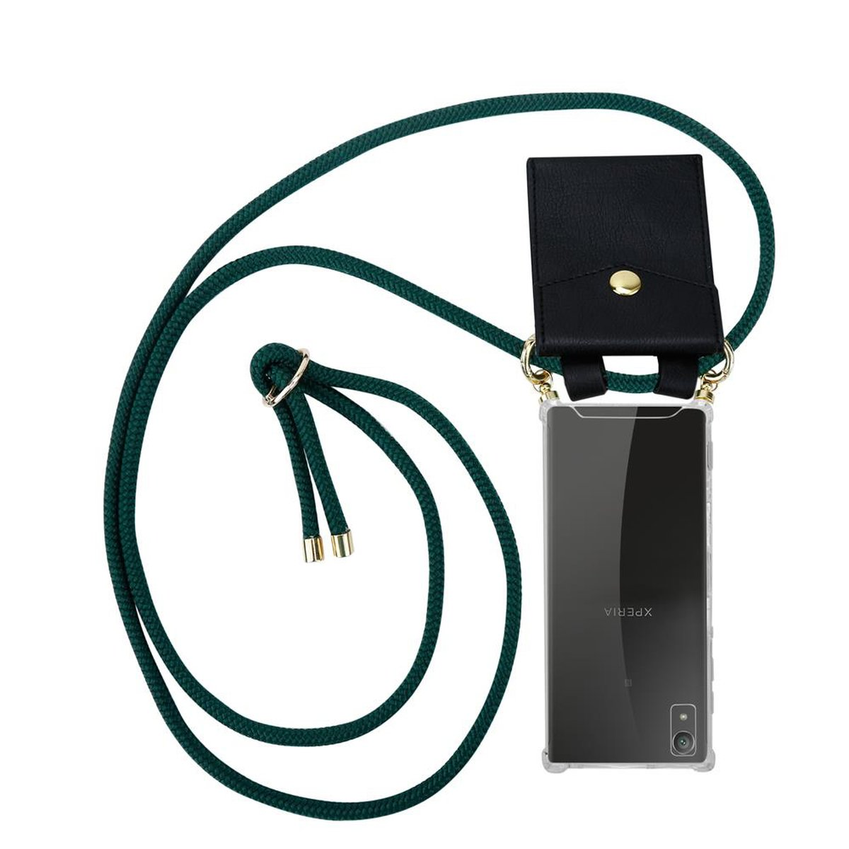 Eine transparente Xperia-Handyhülle mit einer schwarzen Ledertasche und einem grünen Seil. Das Telefon ist sichtbar.