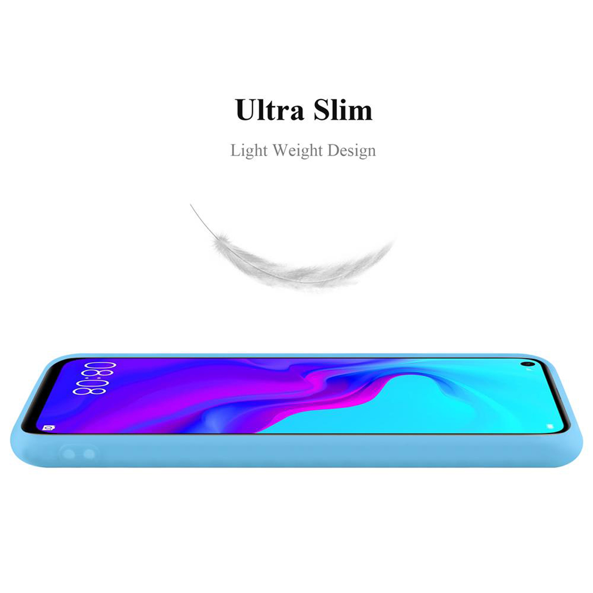 Custodia blu per telefono. Testo: Ultra sottile, Design leggero. Sfondo bianco. Una piuma fluttua sopra.