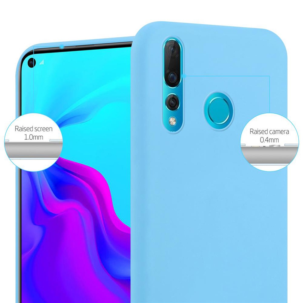 Custodia per telefono azzurra. Schermo e fotocamera rialzati sono visibili.