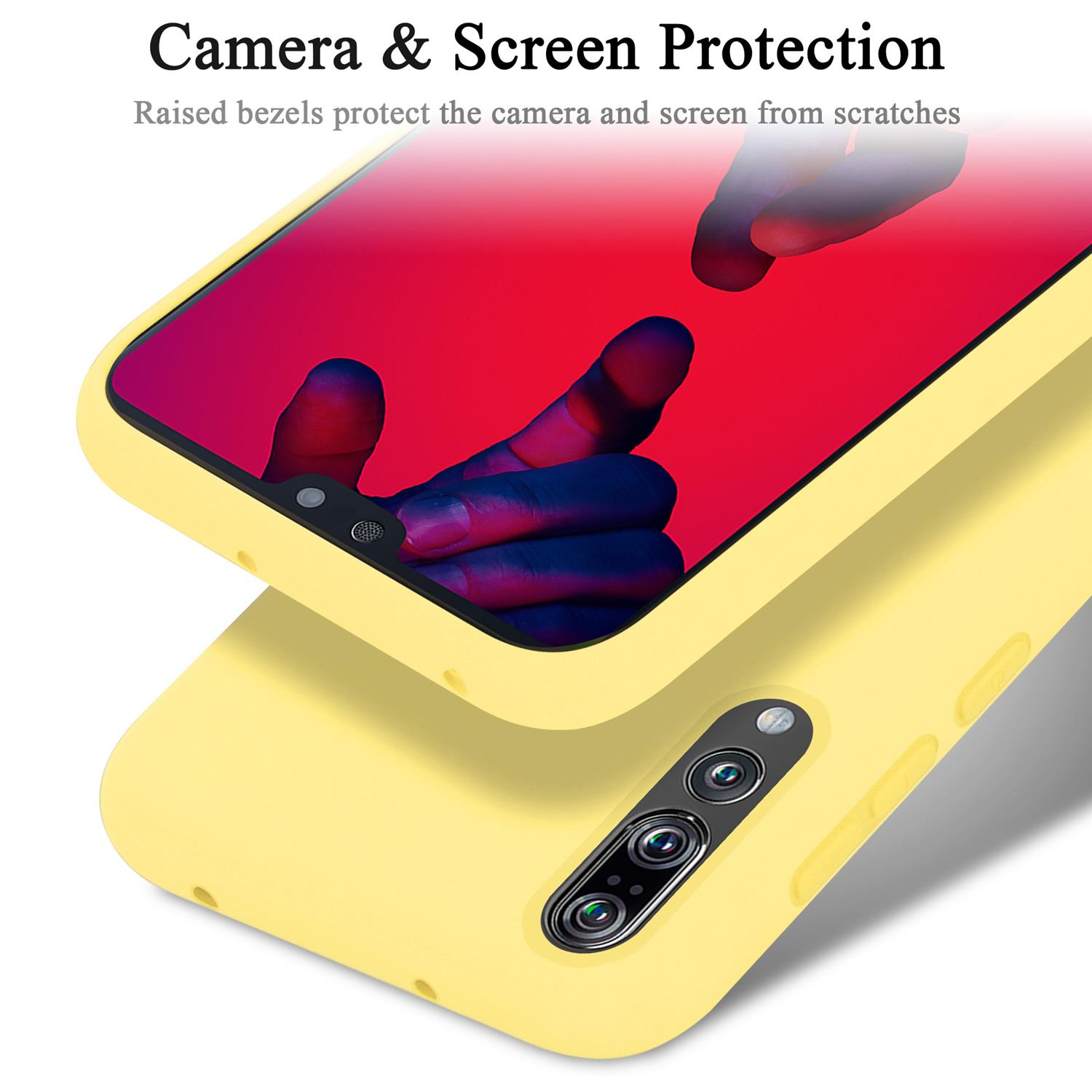 Gelbe Handyhülle mit Kamera- und Displayschutz. Der Telefonbildschirm ist rot.