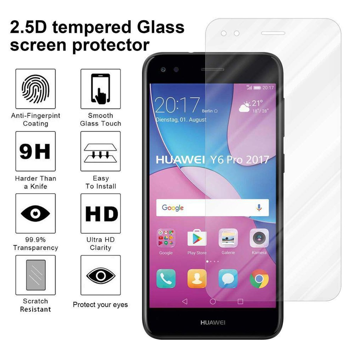 CADORABO Schutzglas Y6 Schutzfolie(für 2017) Tempered Huawei Glas PRO