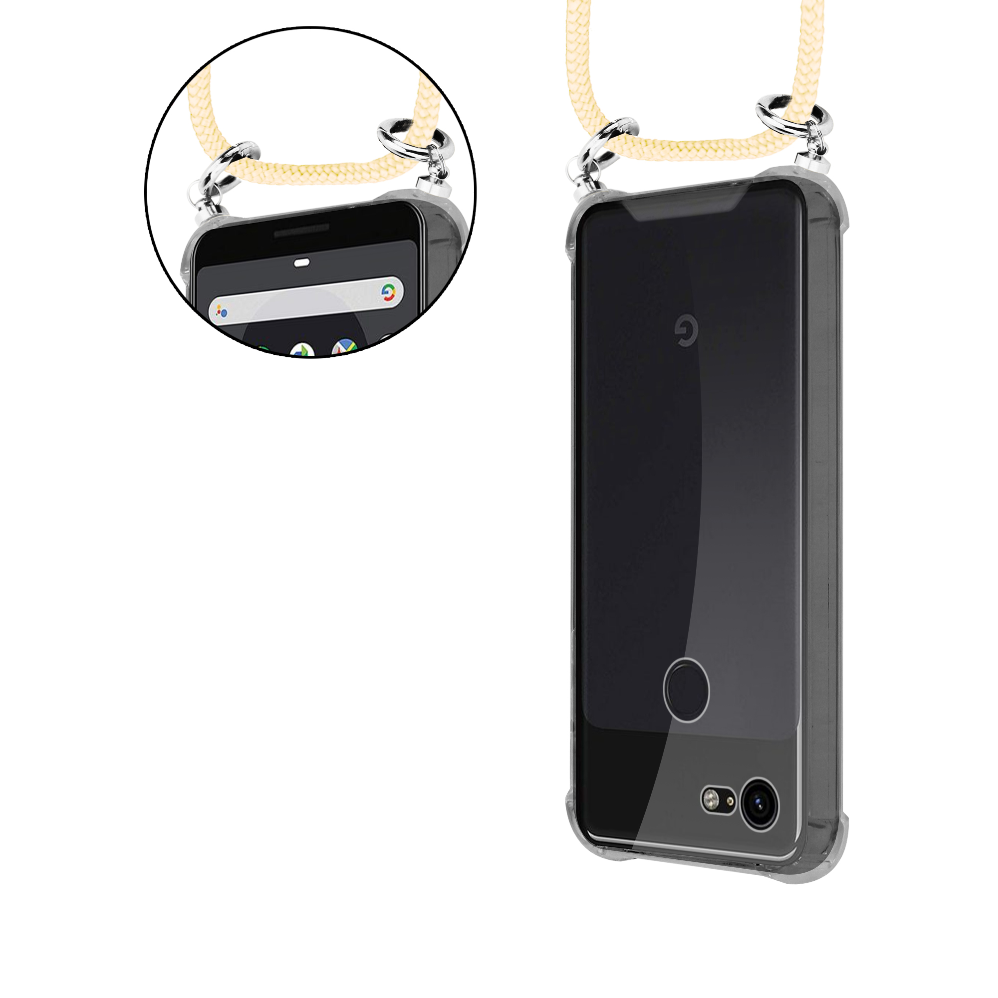 Transparente Handyhülle mit Lanyard. Das Telefon ist schwarz, die Oberseite des Telefons und das Lanyard sind umkreist.