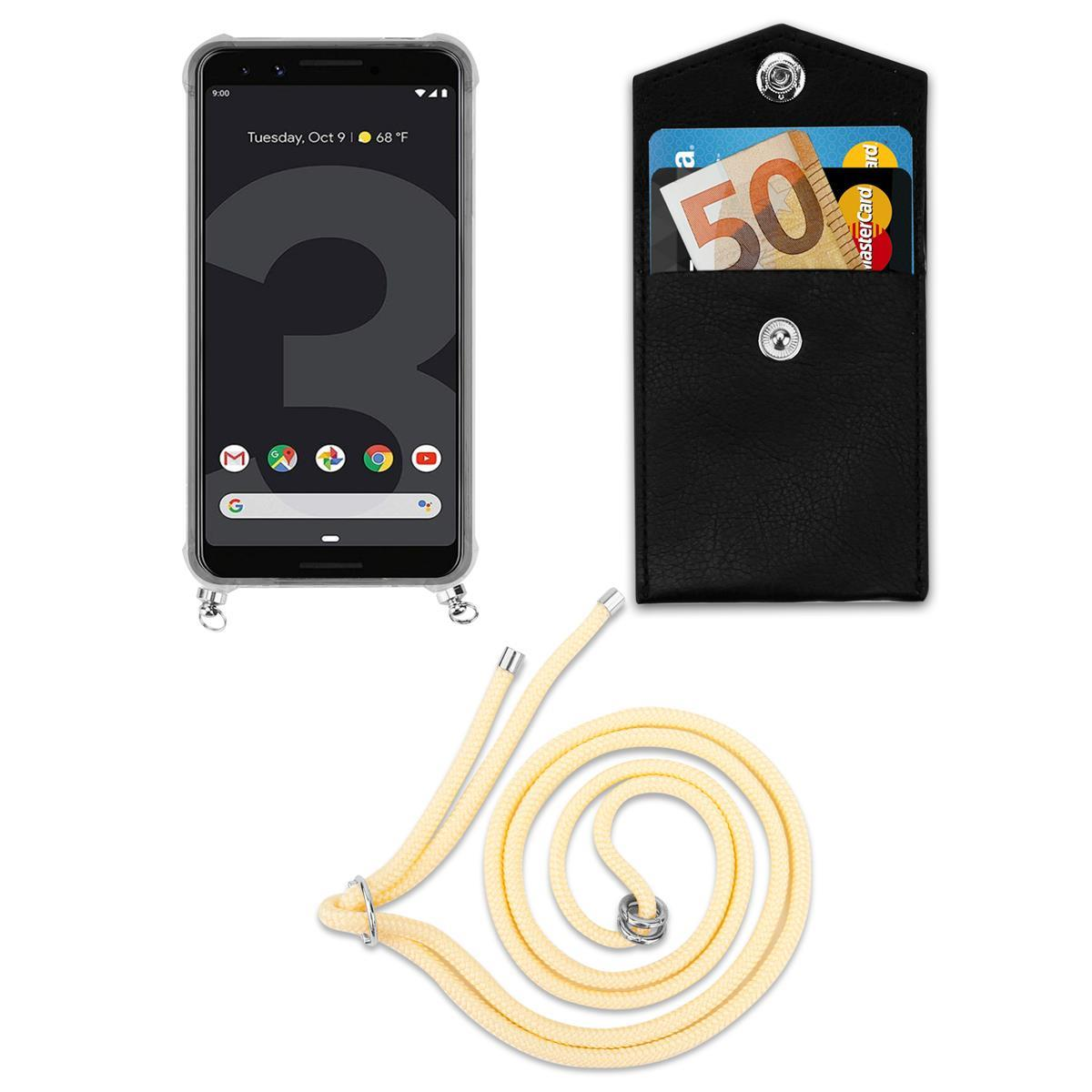 Schwarzes Telefon mit Bildschirm, schwarze Hülle mit Karten und gelber Telefongurt. Weißer Hintergrund.