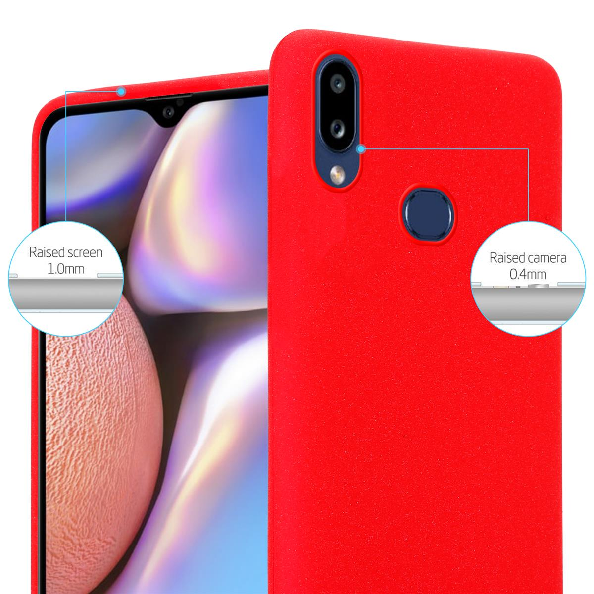 Custodia rossa con protezione schermo e fotocamera rialzate. Etichette di testo mostrano l'altezza in millimetri.