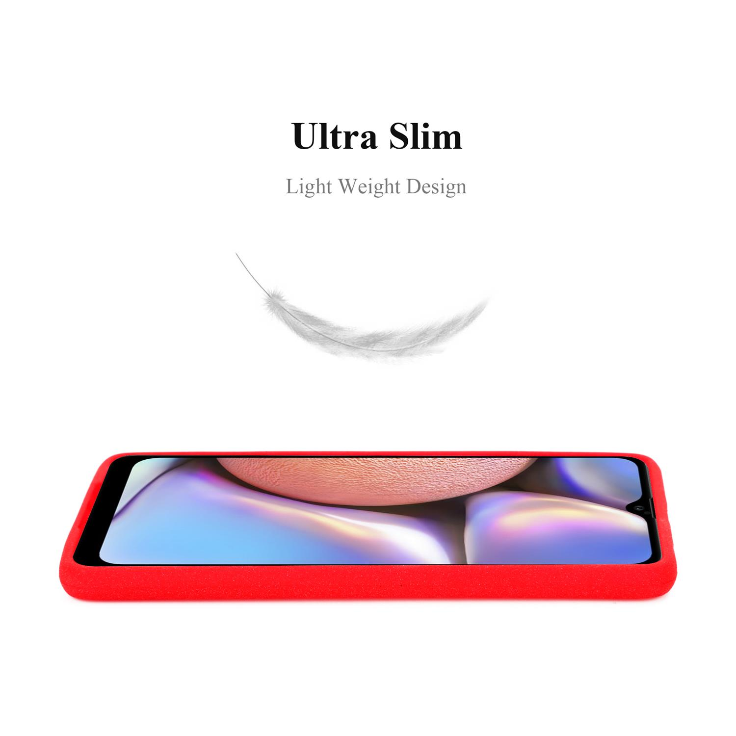 Custodia rossa per telefono con schermo rosa, grafica a piuma e sfondo bianco.