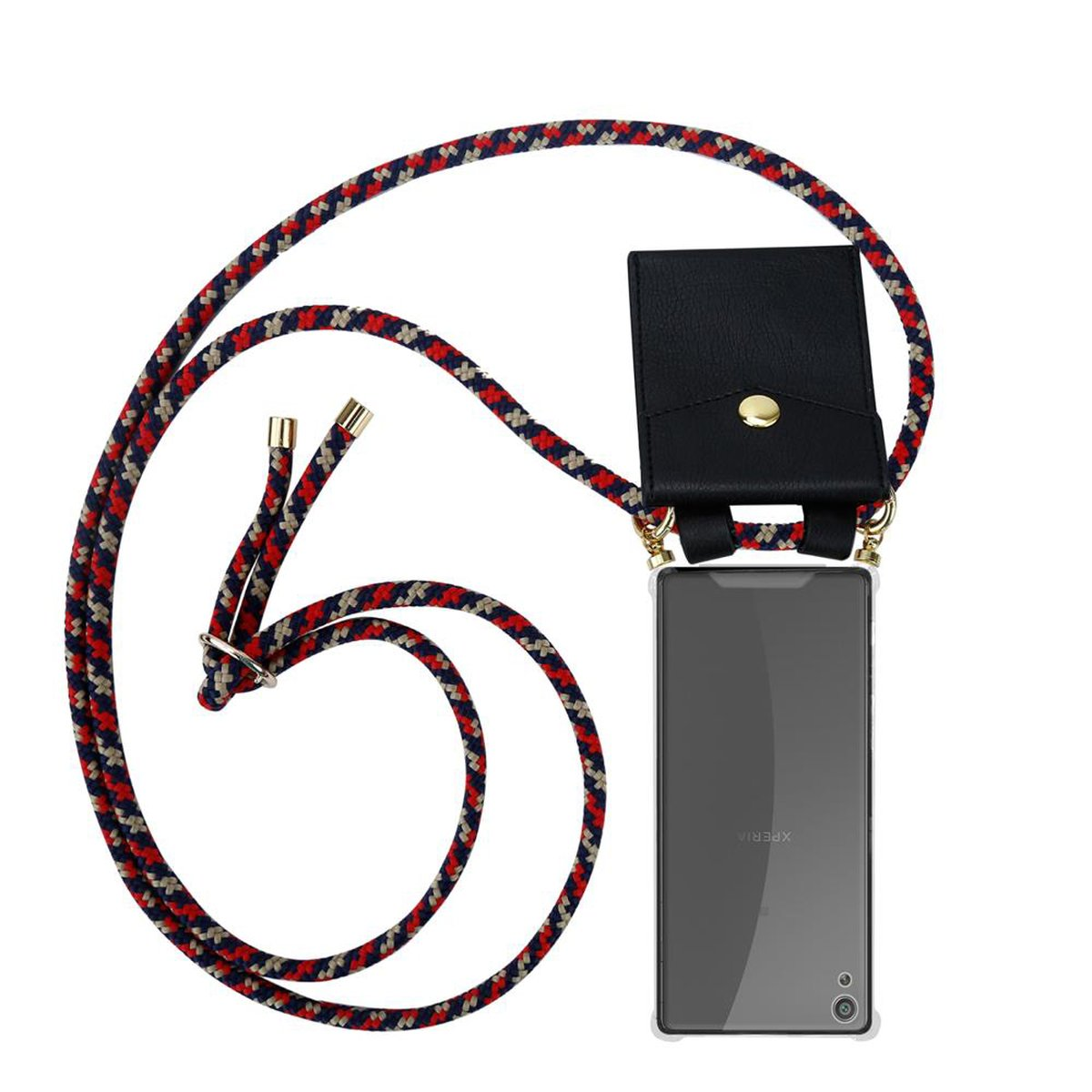 Telefon mit gemustertem Lanyard und schwarzem Etui, vor weißem Hintergrund.