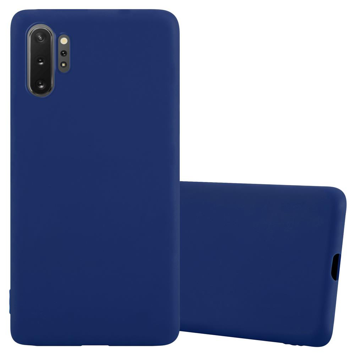 Sono mostrate due custodie blu navy, una in piedi e l'altra sdraiata.