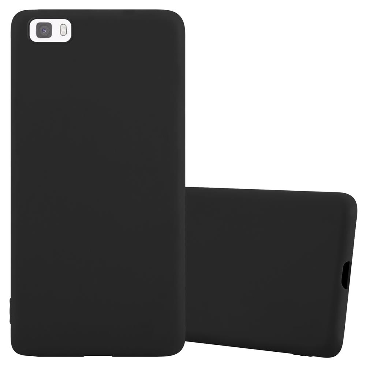 Funda de teléfono negra. Otra funda debajo. Cámara y botones visibles. La funda es negra sólida.