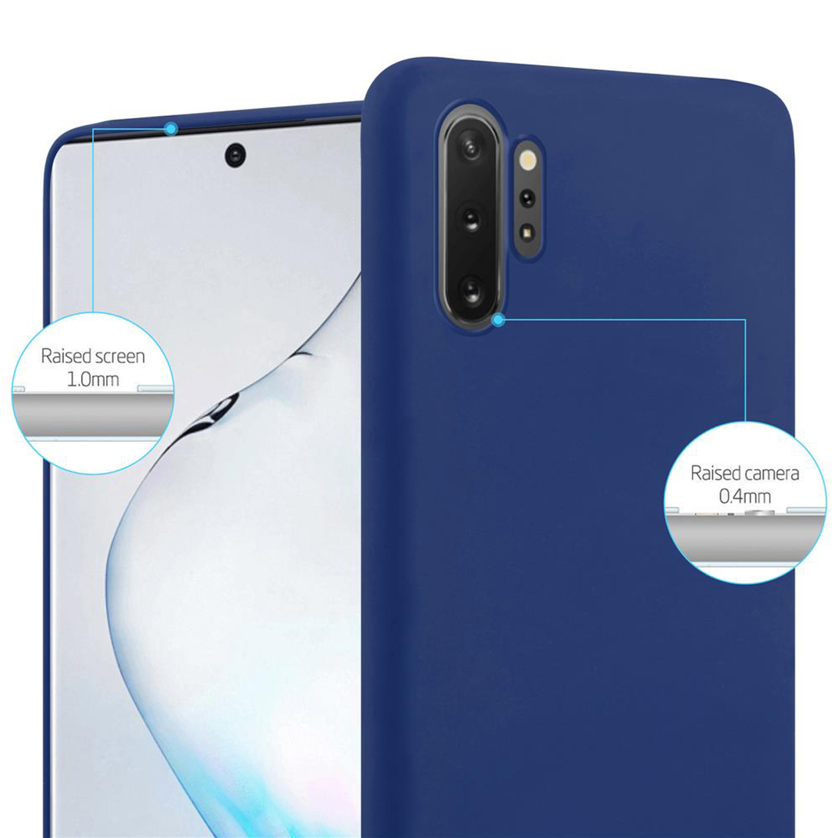 Custodia con protezione schermo e fotocamera. Custodia blu, telefono bianco. Primo piano.