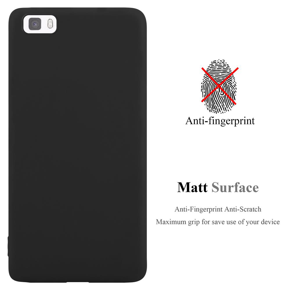 Funda negra para teléfono con superficie mate y función antihuellas, antiarañazos y un símbolo de huella dactilar.