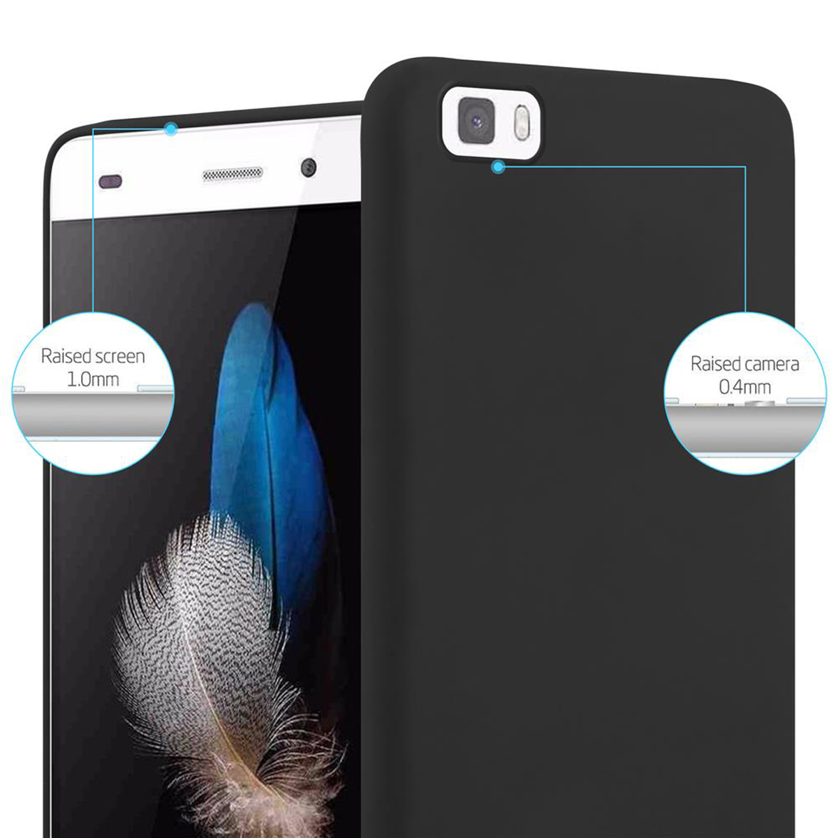 Funda de teléfono negra con teléfono dentro. Se destacan las áreas elevadas de pantalla y cámara.