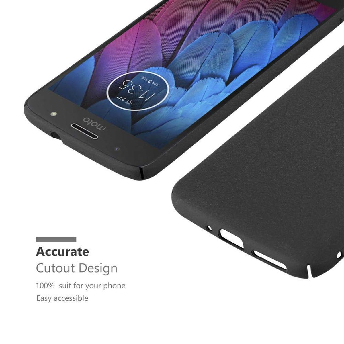 Telefono nero in una custodia nera. Design ritagliato con vestibilità precisa. Marchio Moto. Il telefono è sdraiato.