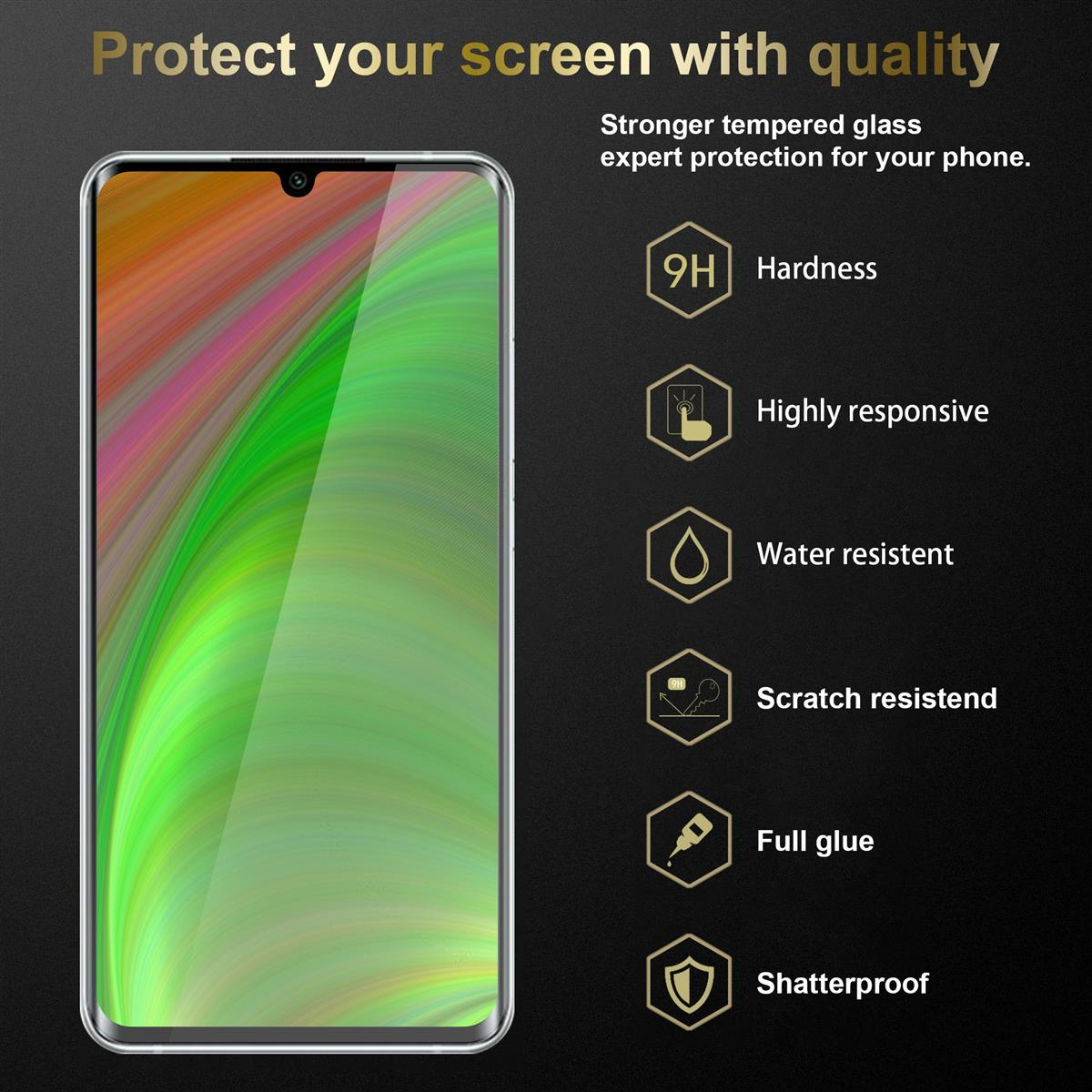 Protezione schermo con testo sulla protezione, mostra un telefono con display colorato.