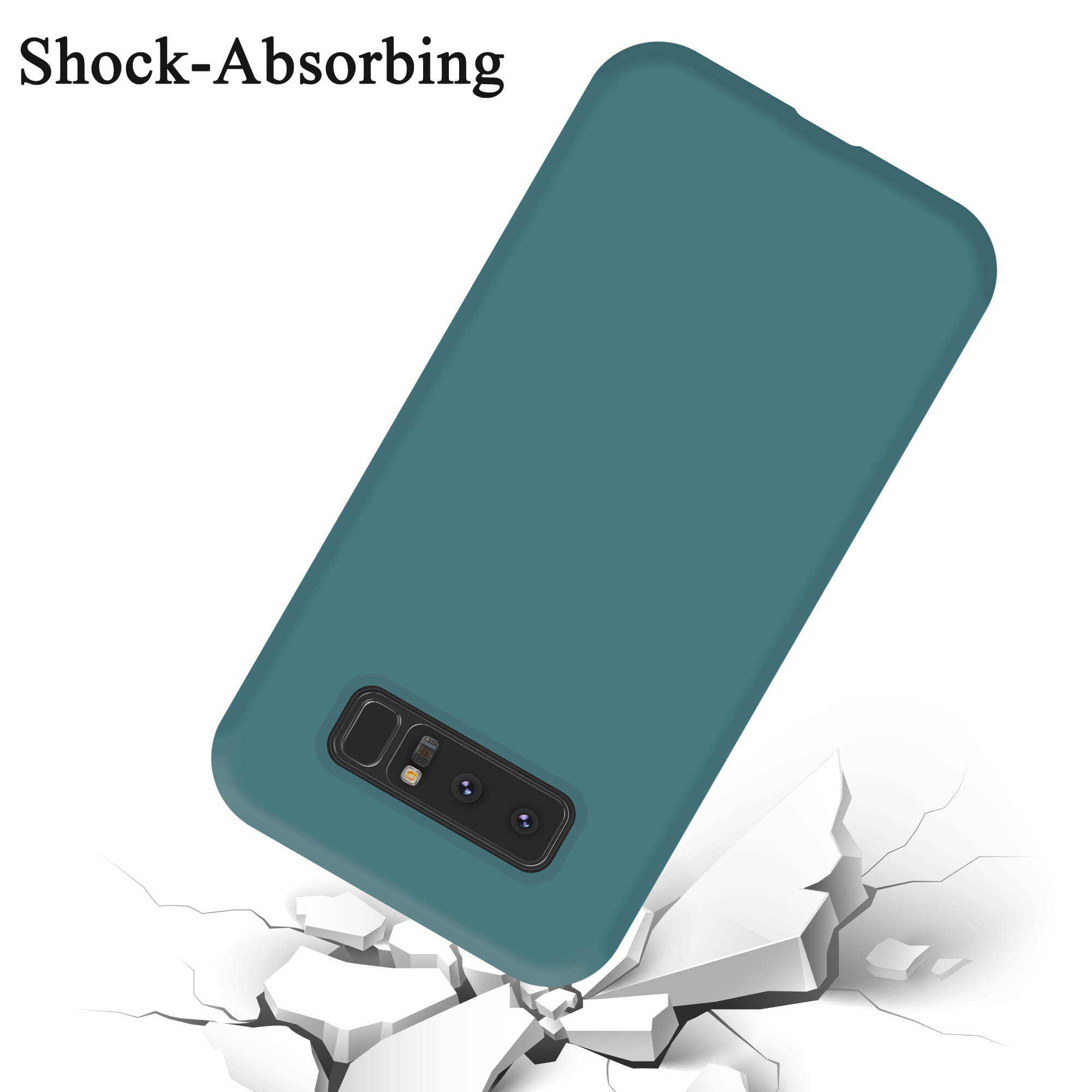 Una custodia per telefono verde acqua che cade. La custodia è su una superficie bianca screpolata.