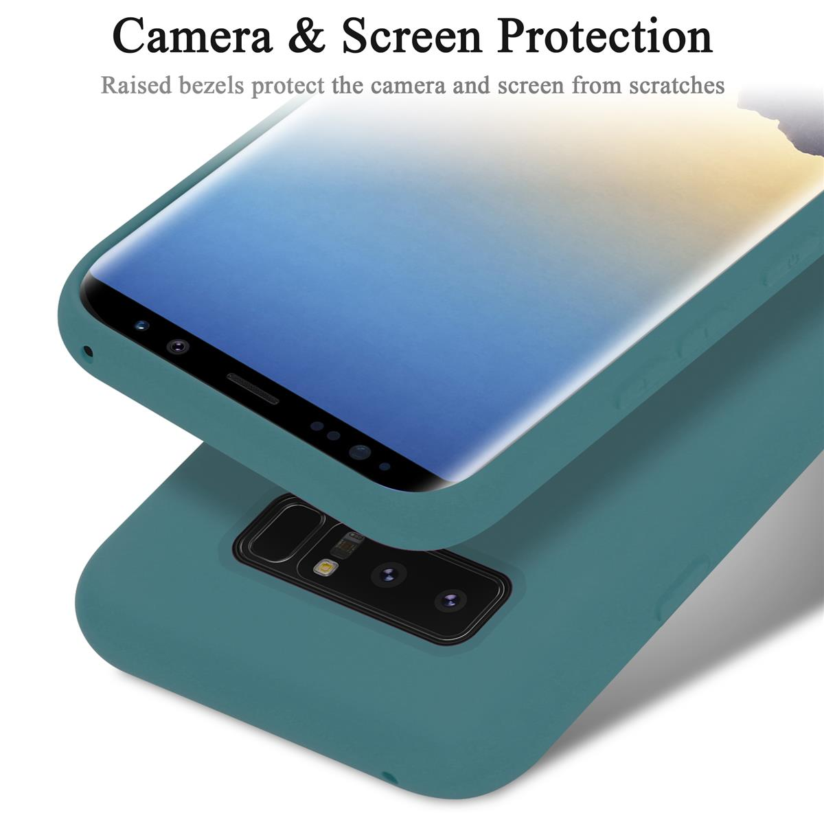 Cover verde acqua con telefono all'interno, che mostra la protezione della fotocamera e dello schermo.