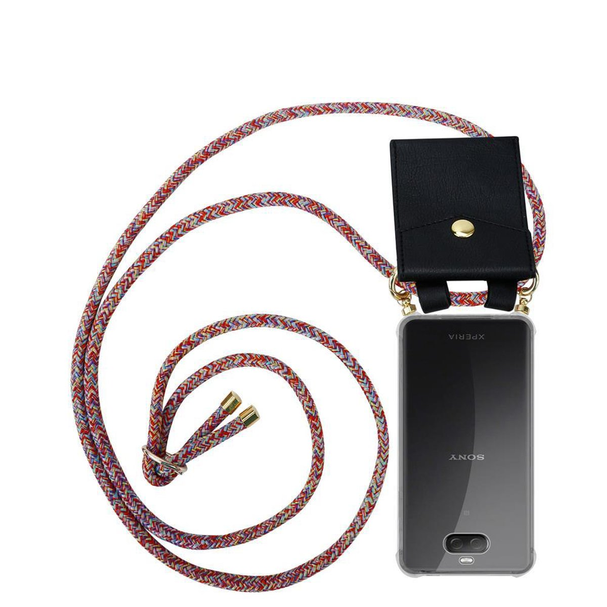 Handyhülle mit rot-violettem Kordel und schwarzem Lederetui. Telefon sichtbar.