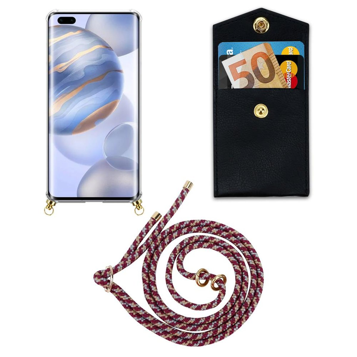 CADORABO Handy Kette mit ROT Band Kordel PRO+, Honor, 30 GELB abnehmbarer Gold Backcover, Ringen, Hülle, WEIß und