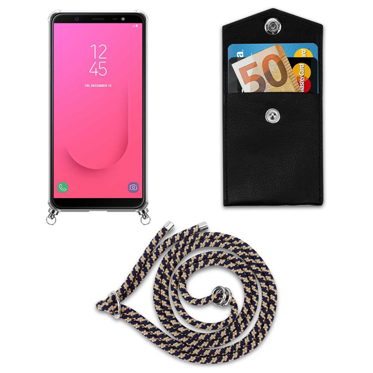 Telefon, Riemen und schwarzes Case. Der Riemen ist marineblau und beige. Anzeige zeigt 12:45.