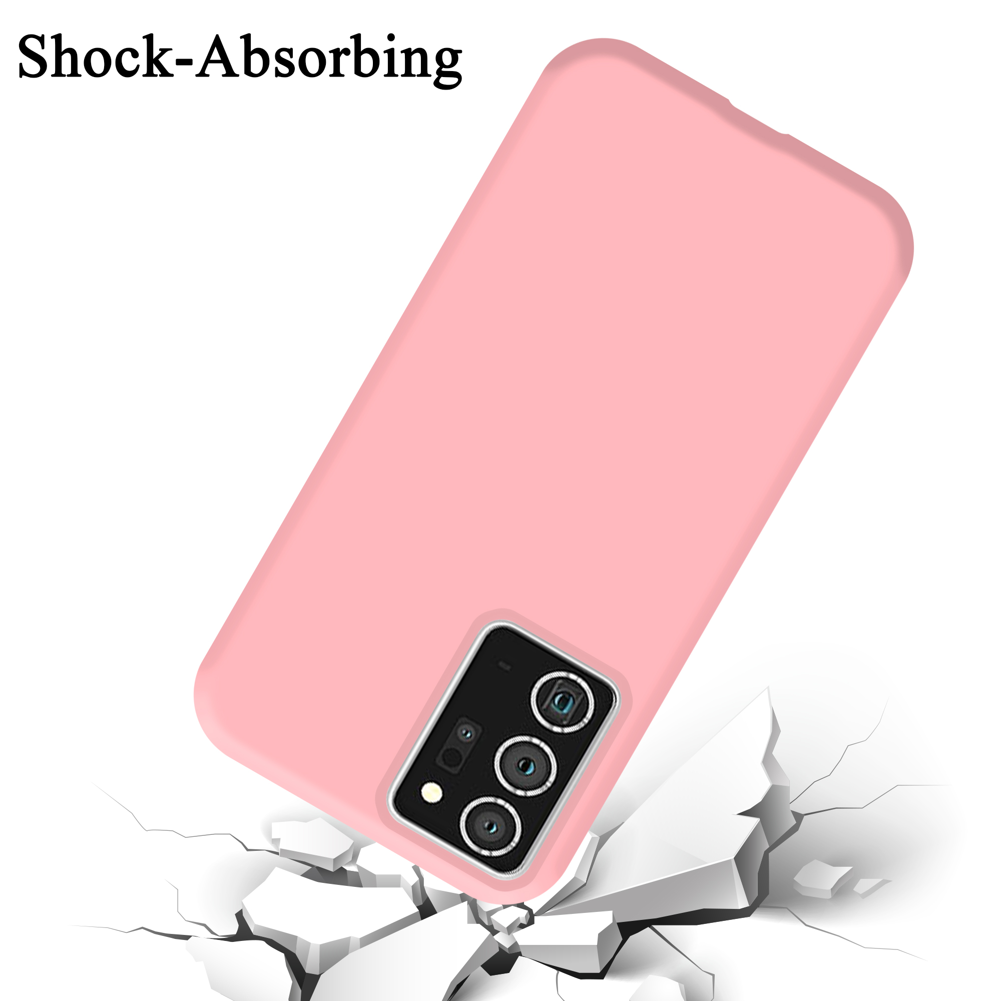 Custodia rosa per telefono, vista angolata, con dettagli della fotocamera e dell'obiettivo. Sfondo con effetto crepa bianca.