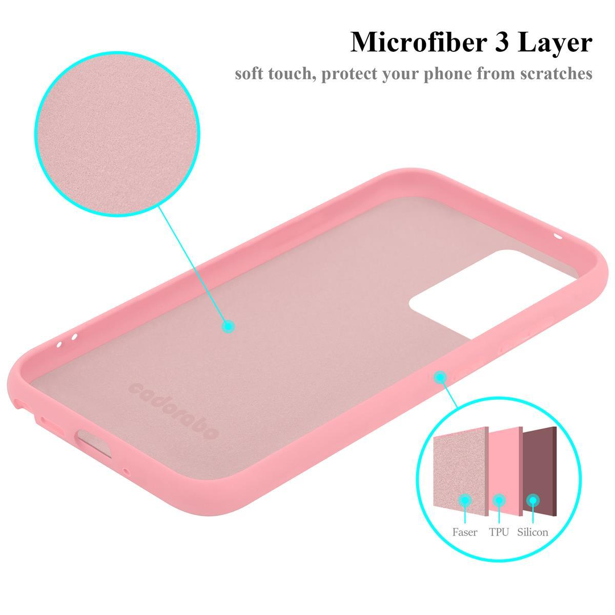 Custodia per telefono rosa con struttura a tre strati, che mostra strati di materiali Faser, TPU e Silicone.