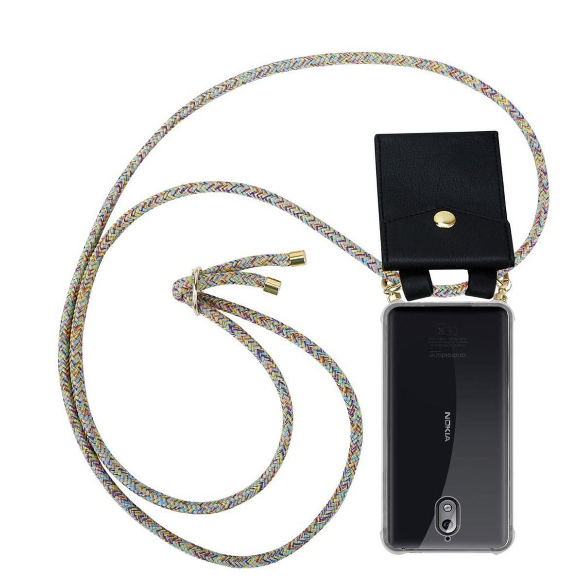 Telefon mit transparenter Hülle und schwarzem Beutel an mehrfarbigem Seil befestigt.