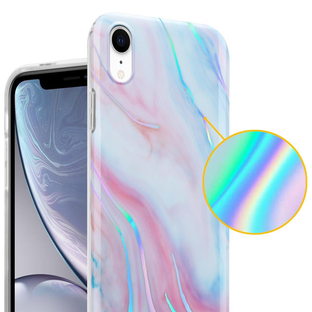 Una custodia per telefono con un design marmorizzato. La custodia ha sfumature rosa e blu.