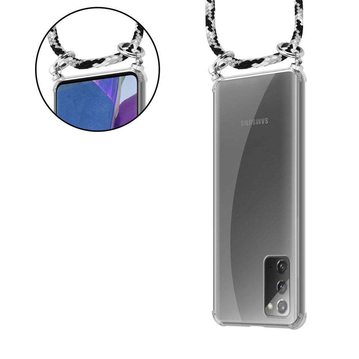 Custodia per telefono con cordino. La custodia è trasparente e il telefono ha una fotocamera. Il cordino è bianco e nero.