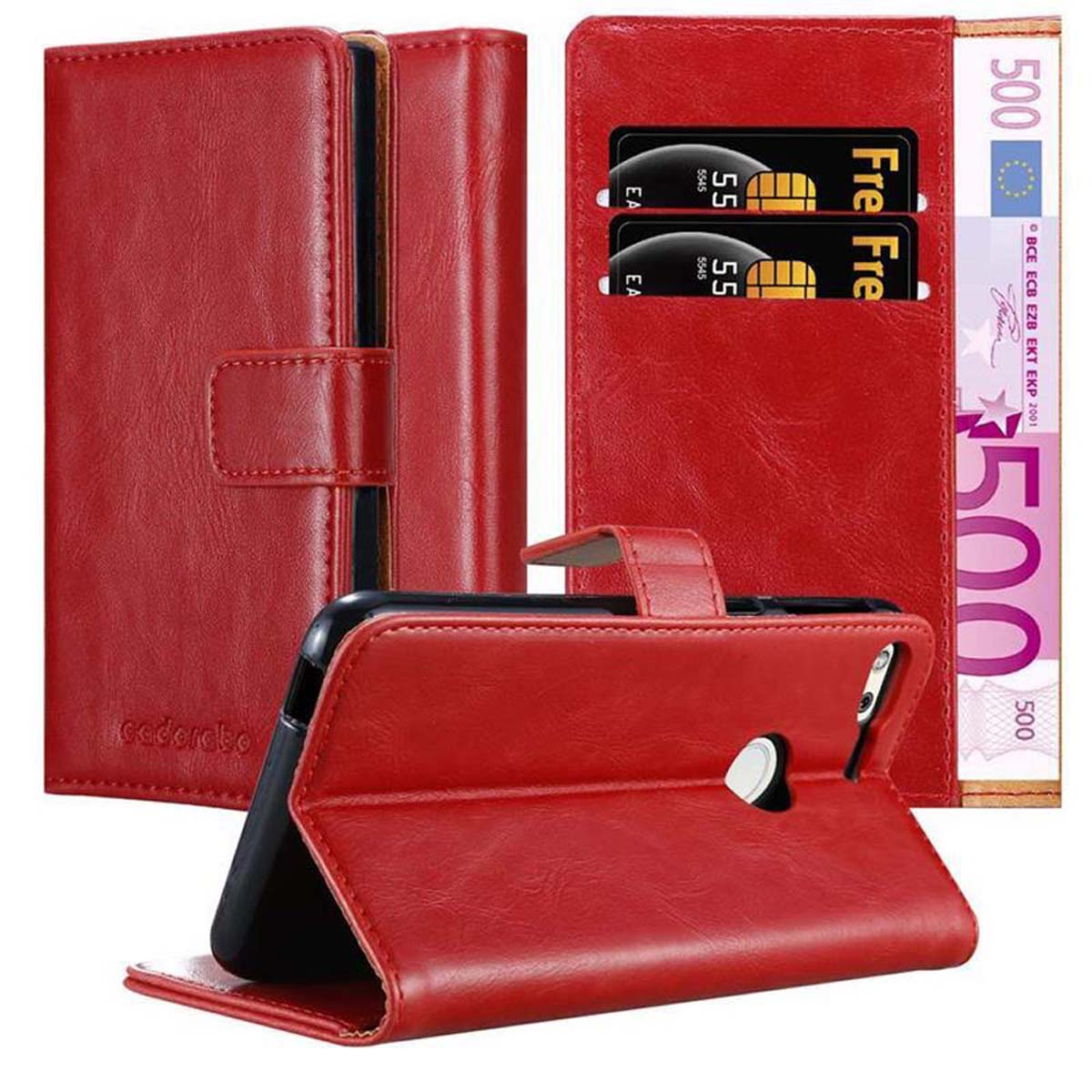 Custodia per telefono in pelle rossa, con carte e una banconota da 500 euro. La custodia è aperta, mostrando l'interno e il telefono.