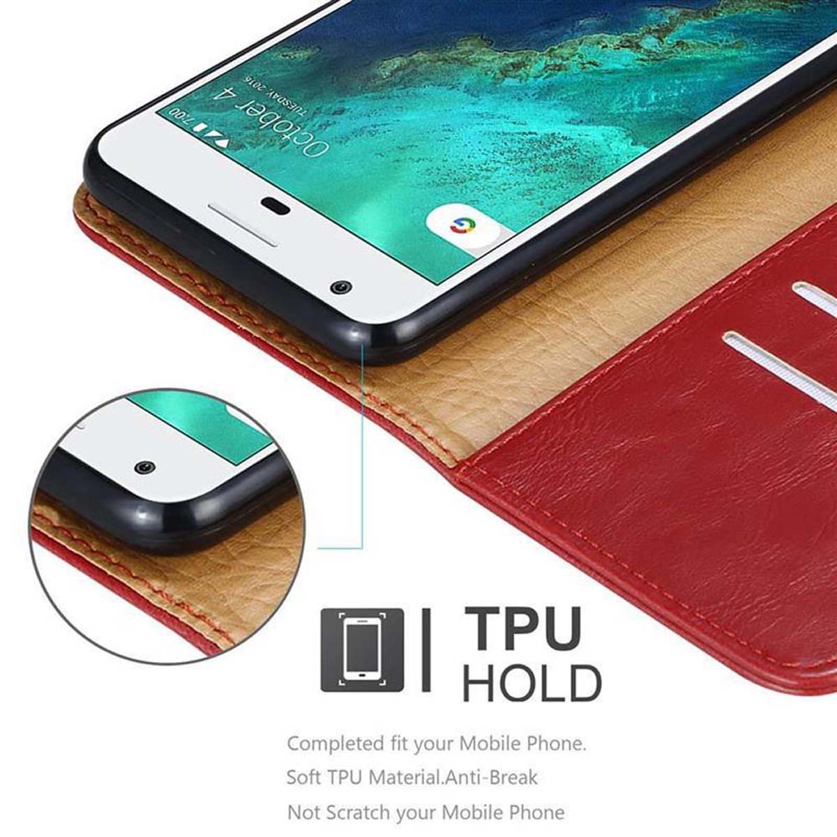 Custodia per telefono rossa aperta con un telefono bianco all'interno. Testo: 'TPU HOLD'.