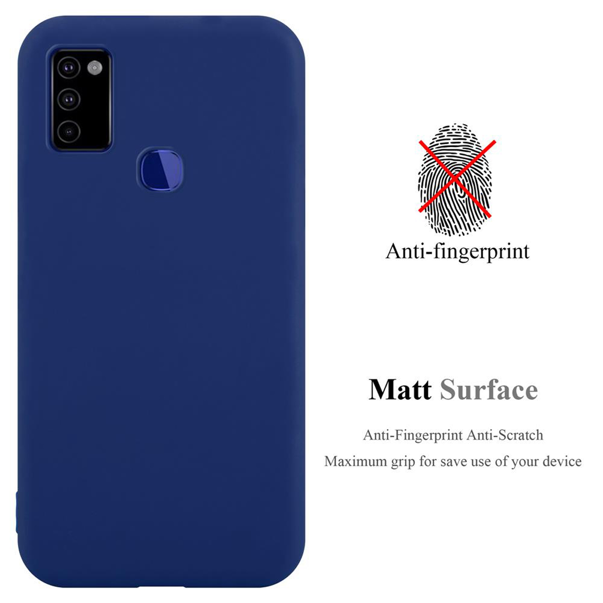 Una custodia per telefono blu scuro con fori per la fotocamera e testo anti-impronte. Lo sfondo è bianco.