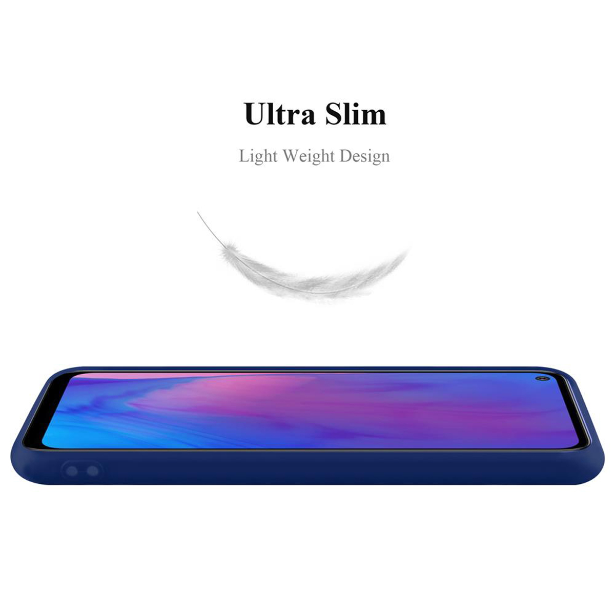 Una custodia per telefono blu scuro su sfondo bianco. Una piuma è sopra.