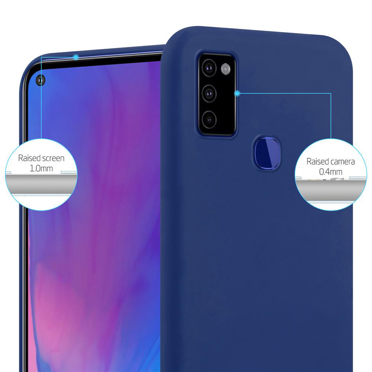 Custodia blu per telefono con bordi rialzati per fotocamera e schermo. Schermo del telefono visibile.