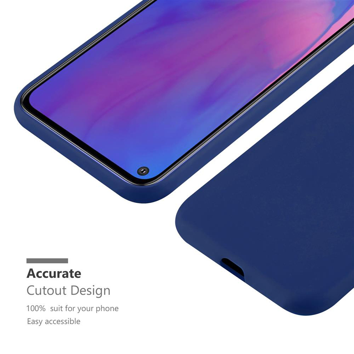 Custodia blu per telefono, con un telefono all'interno. Testo: Design di ritaglio preciso. La custodia è blu e ha un piccolo foro.