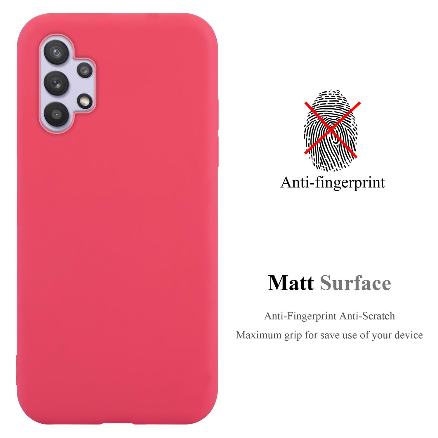 Eine rosa Handyhülle auf weißem Hintergrund. Text: Anti-Fingerabdruck, matte Oberfläche, Grip.