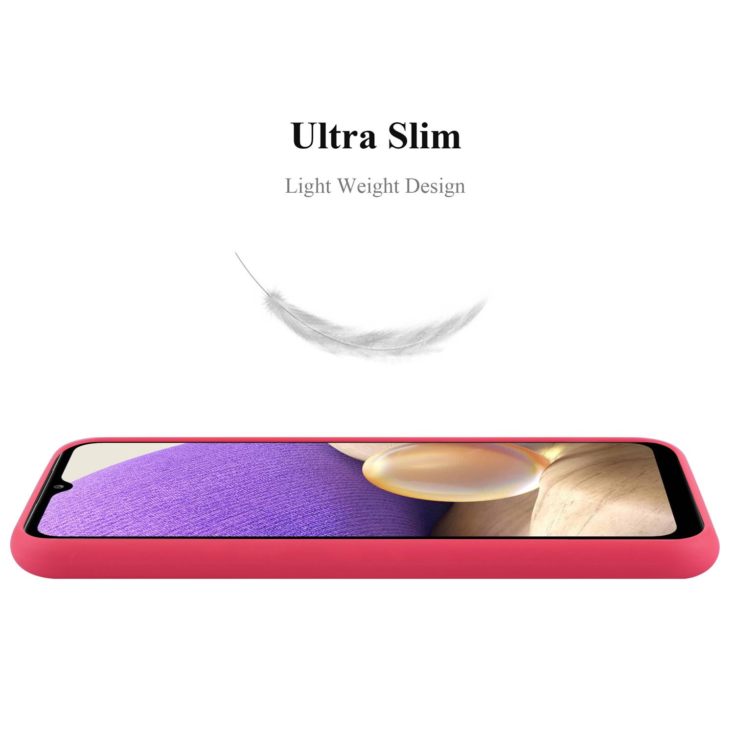 Rote Handyhülle, Seitenansicht, mit Feder. Text 'Ultra Slim' ist sichtbar.
