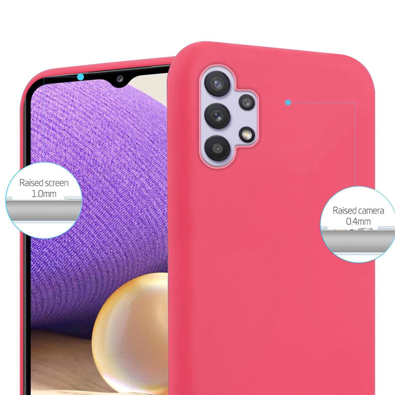 Rote Handyhülle mit erhöhtem Bildschirm und Kamera. Das Telefon ist lila. Details zum Design.