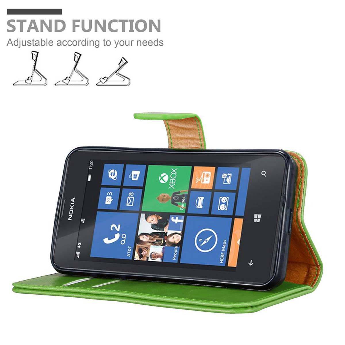 Un telefono Nokia in una custodia verde è aperto. Lo schermo mostra le icone delle app. In alto, 'Stand Function'.