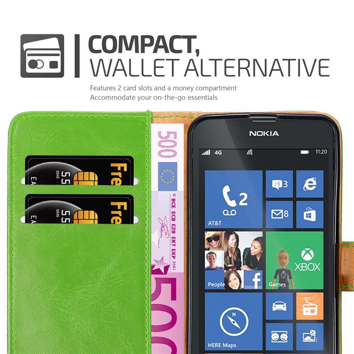 Un portafoglio verde con un telefono dentro, aperto, con carte e una banconota da 500 euro visibili.